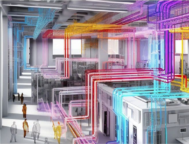 Color-coded BIM routing across facility service lines.