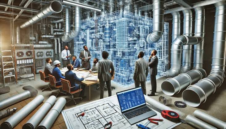 Team members in safety helmets reviewing plan documents.